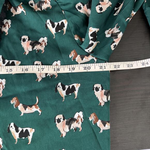 Zara Top Womens XL Dog Print Bow Button Blouse Novelty New Green Blogger Fave - Picture 11 of 13